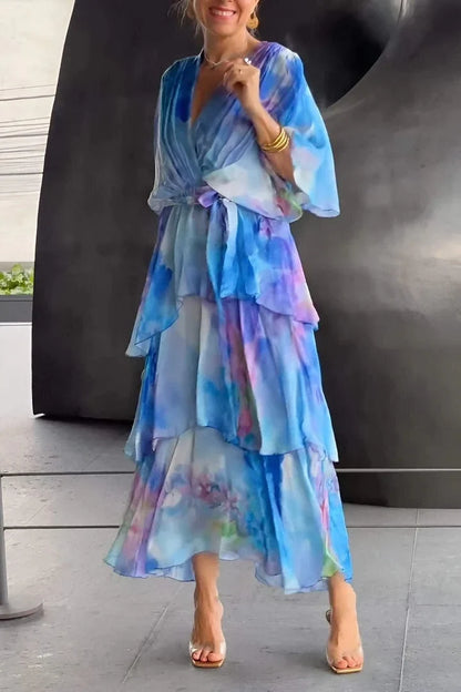 Women's watercolor print flowy midi dress with V-neck wrap and tiered skirt – Blue
