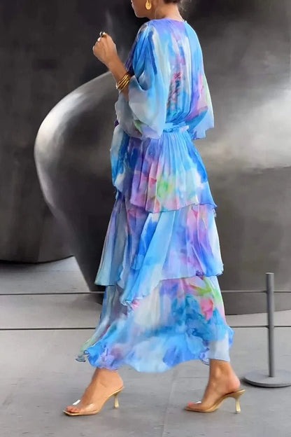 Women's watercolor print flowy midi dress with V-neck wrap and tiered skirt – Blue