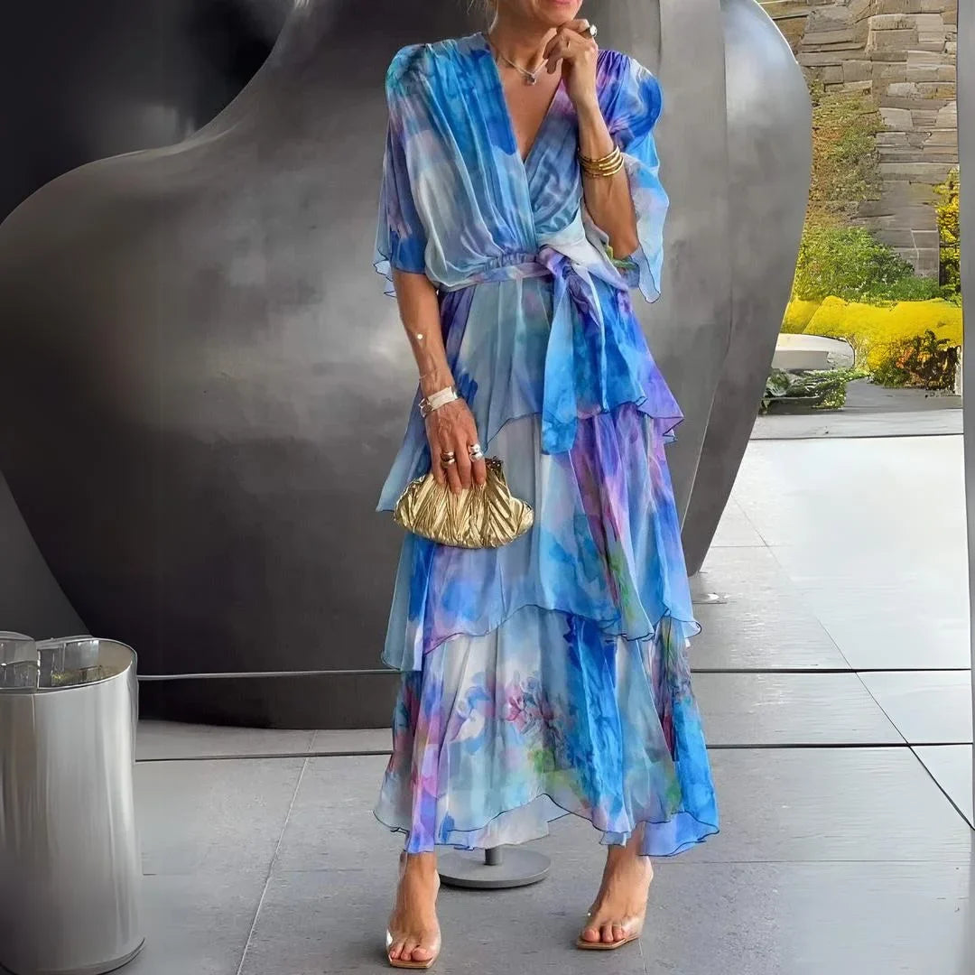 Women's watercolor print flowy midi dress with V-neck wrap and tiered skirt – Blue