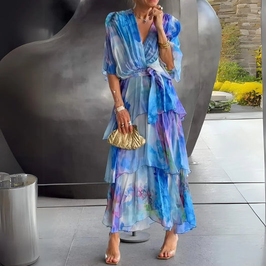 Women's watercolor print flowy midi dress with V-neck wrap and tiered skirt – Blue