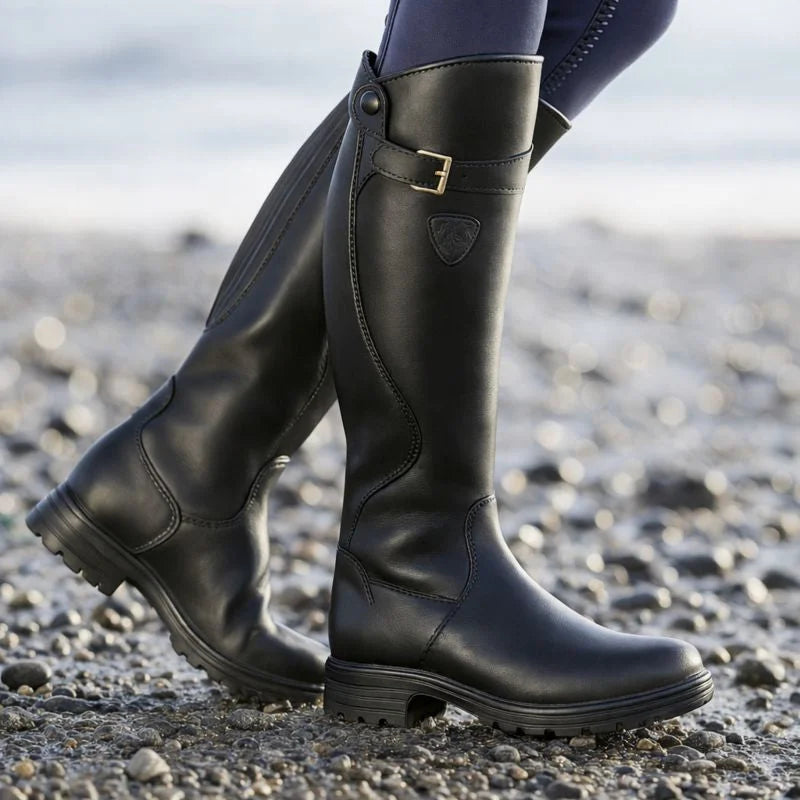 Women's waterproof riding boots with side zipper and buckle strap – Black