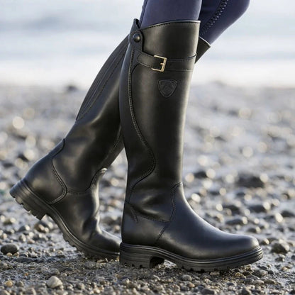 Women's waterproof riding boots with side zipper and buckle strap – Black