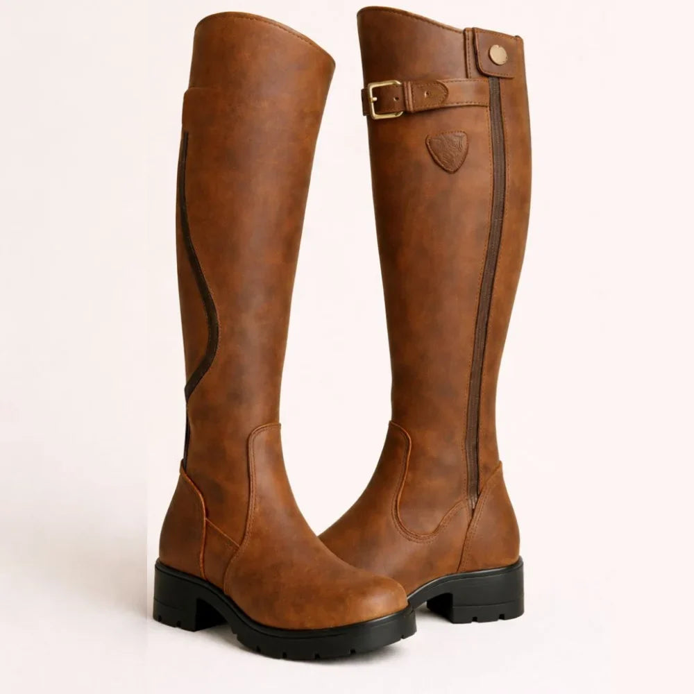 Women's waterproof riding boots with side zipper and buckle strap – Brown
