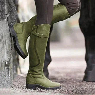 Women's waterproof riding boots with side zipper and buckle strap – Green