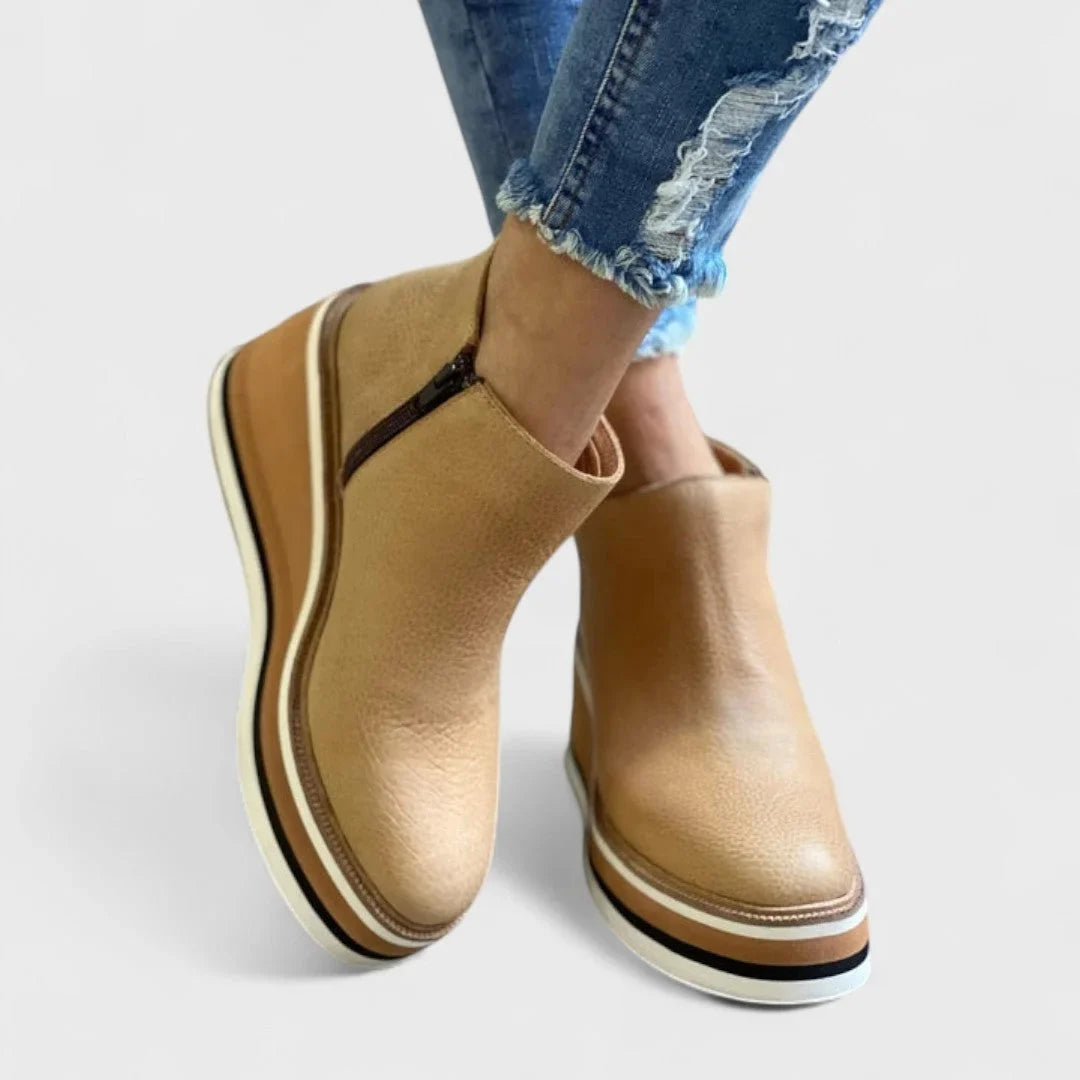 Women's waterproof faux leather wedge platform booties with side zipper – Beige