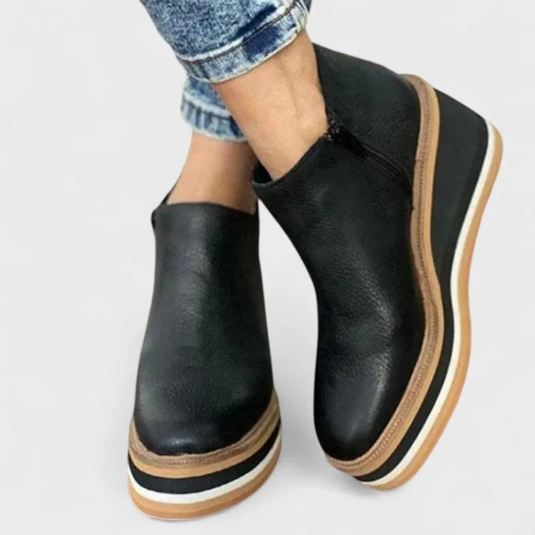 Women's waterproof faux leather wedge platform booties with side zipper – Black