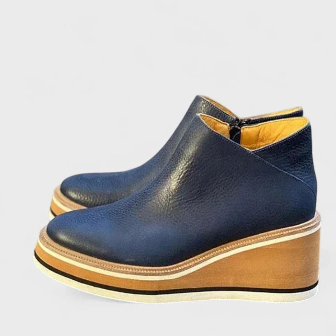 Women's waterproof faux leather wedge platform booties with side zipper – Blue