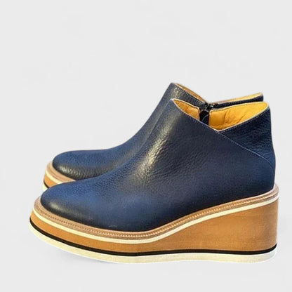 Women's waterproof faux leather wedge platform booties with side zipper – Blue