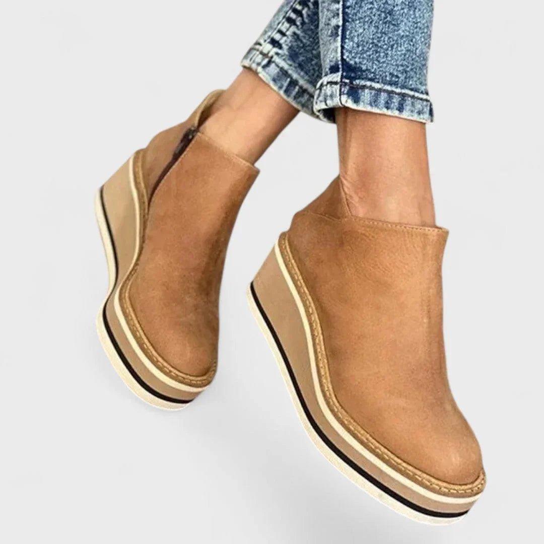 Women's waterproof faux leather wedge platform booties with side zipper – Khaki