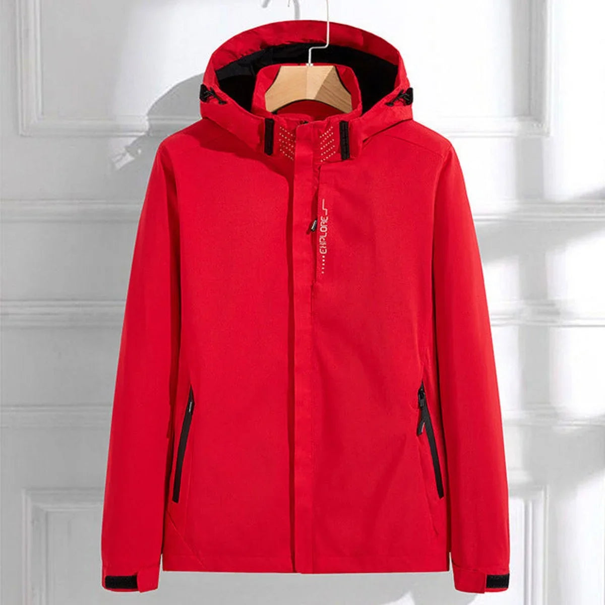 Women's waterproof hooded adjustable-fit rain jacket – Red