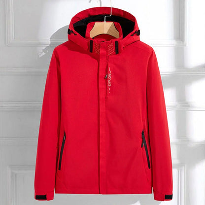 Women's waterproof hooded adjustable-fit rain jacket – Red