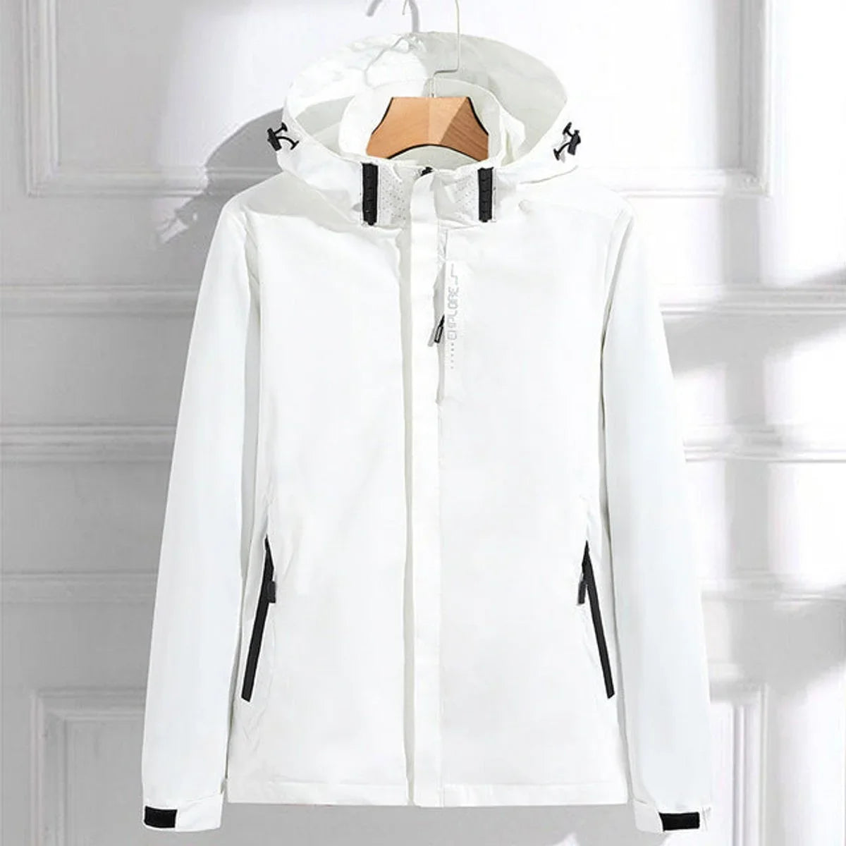 Women's waterproof hooded adjustable-fit rain jacket – White
