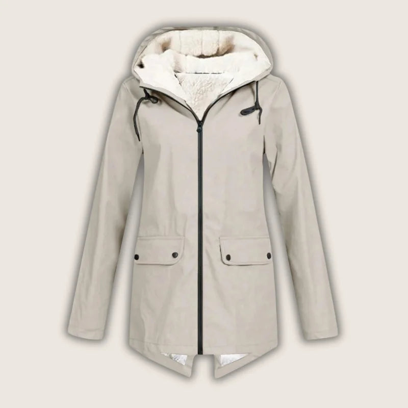 Women's waterproof hooded jacket with sherpa lining and front pockets – Beige