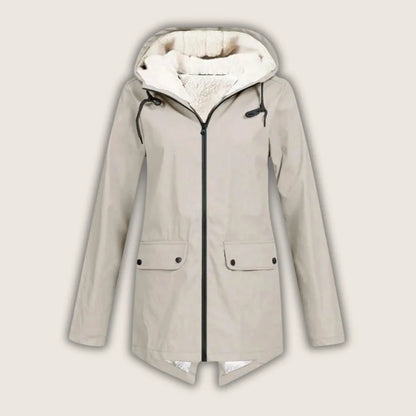 Women's waterproof hooded jacket with sherpa lining and front pockets – Beige