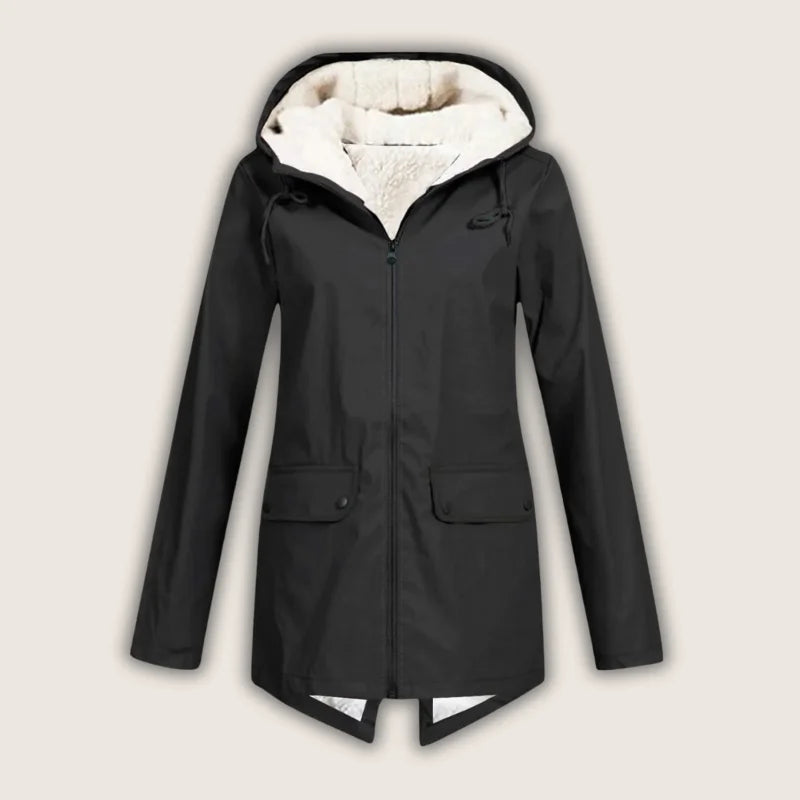 Women's waterproof hooded jacket with sherpa lining and front pockets – Black