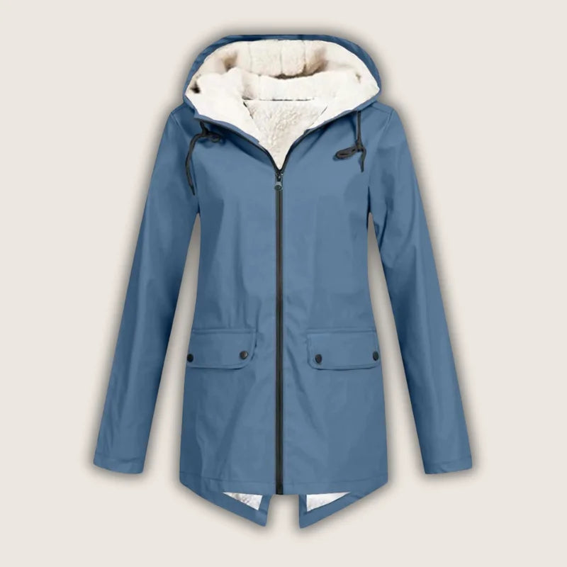 Women's waterproof hooded jacket with sherpa lining and front pockets – Blue