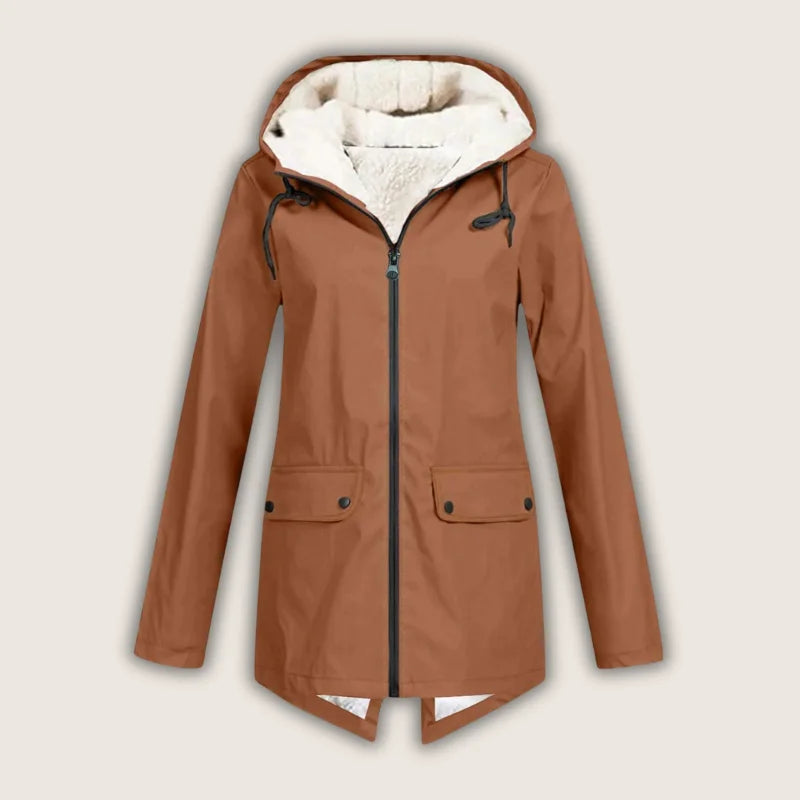 Women's waterproof hooded jacket with sherpa lining and front pockets – Burnt Orange