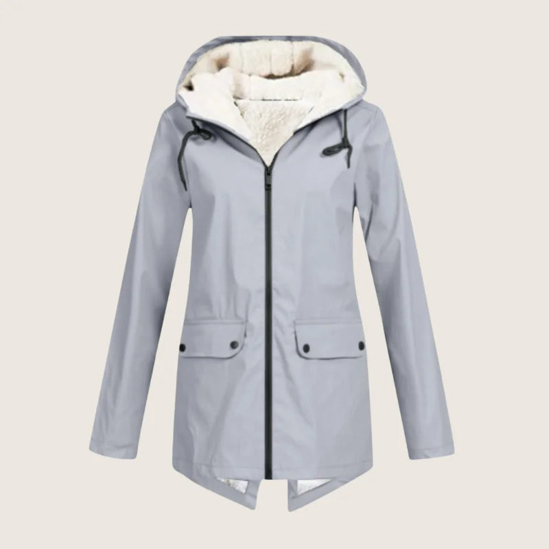 Women's waterproof hooded jacket with sherpa lining and front pockets – Grey