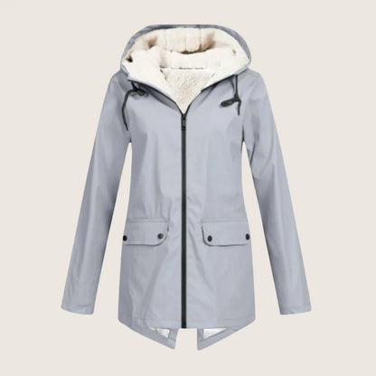 Women's waterproof hooded jacket with sherpa lining and front pockets – Grey