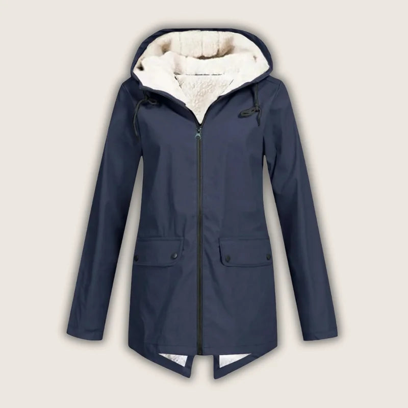 Women's waterproof hooded jacket with sherpa lining and front pockets – Navy