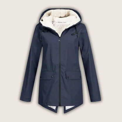 Women's waterproof hooded jacket with sherpa lining and front pockets – Navy