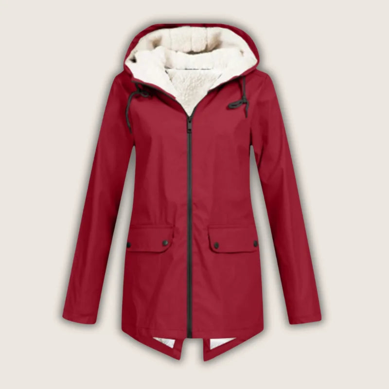 Women's waterproof hooded jacket with sherpa lining and front pockets – Red