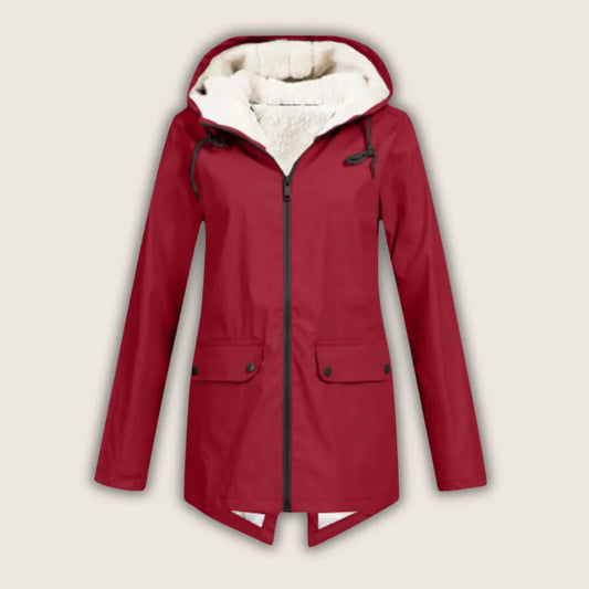 Women's waterproof hooded jacket with sherpa lining and front pockets – Red