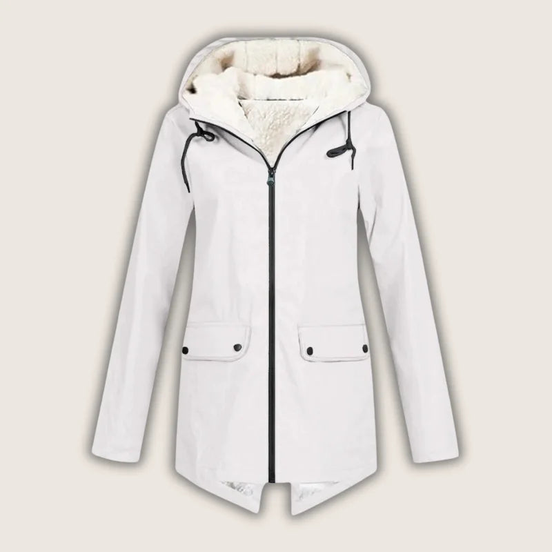 Women's waterproof hooded jacket with sherpa lining and front pockets – White