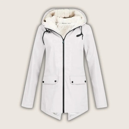 Women's waterproof hooded jacket with sherpa lining and front pockets – White