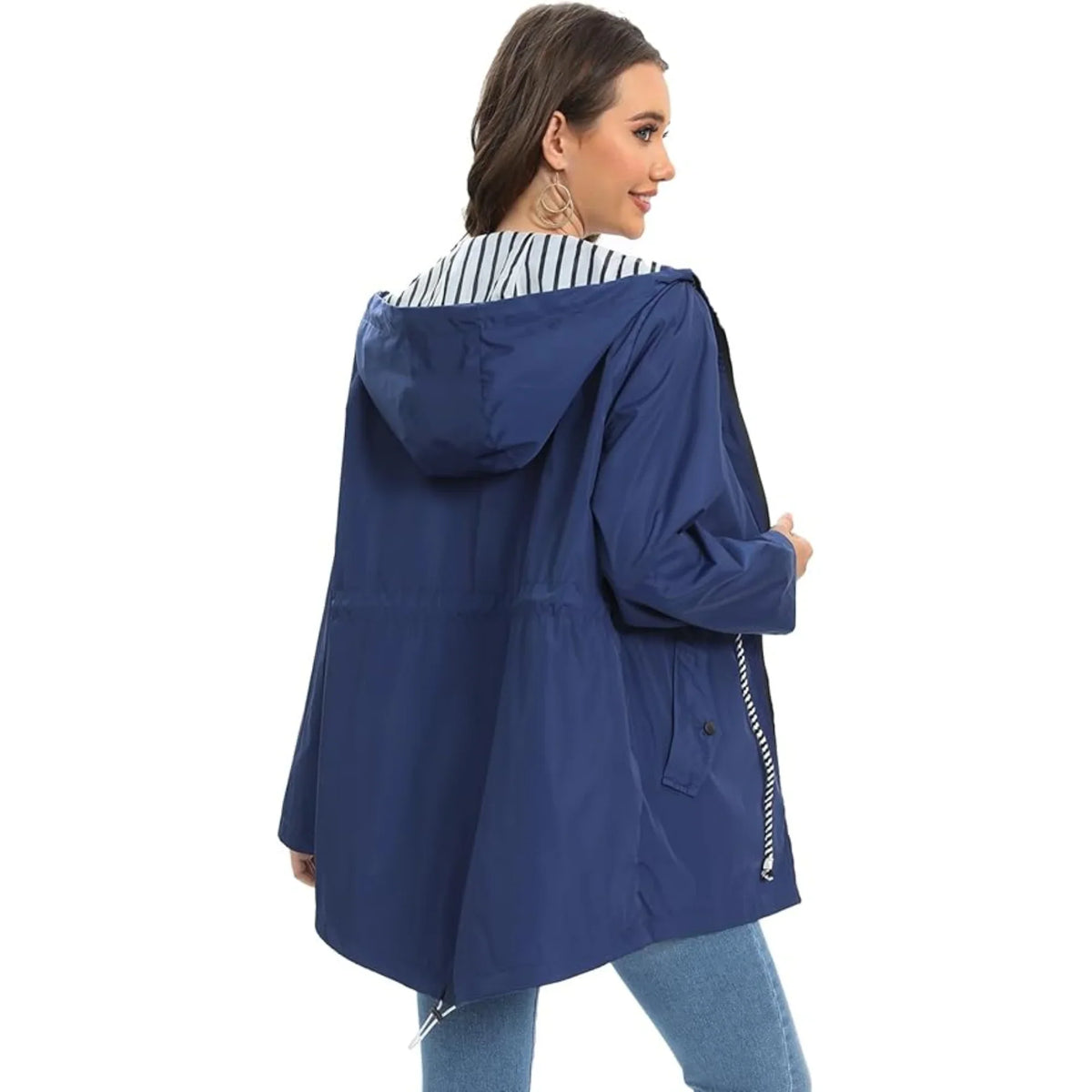 Women's waterproof hooded jacket with striped lining and drawstring waist