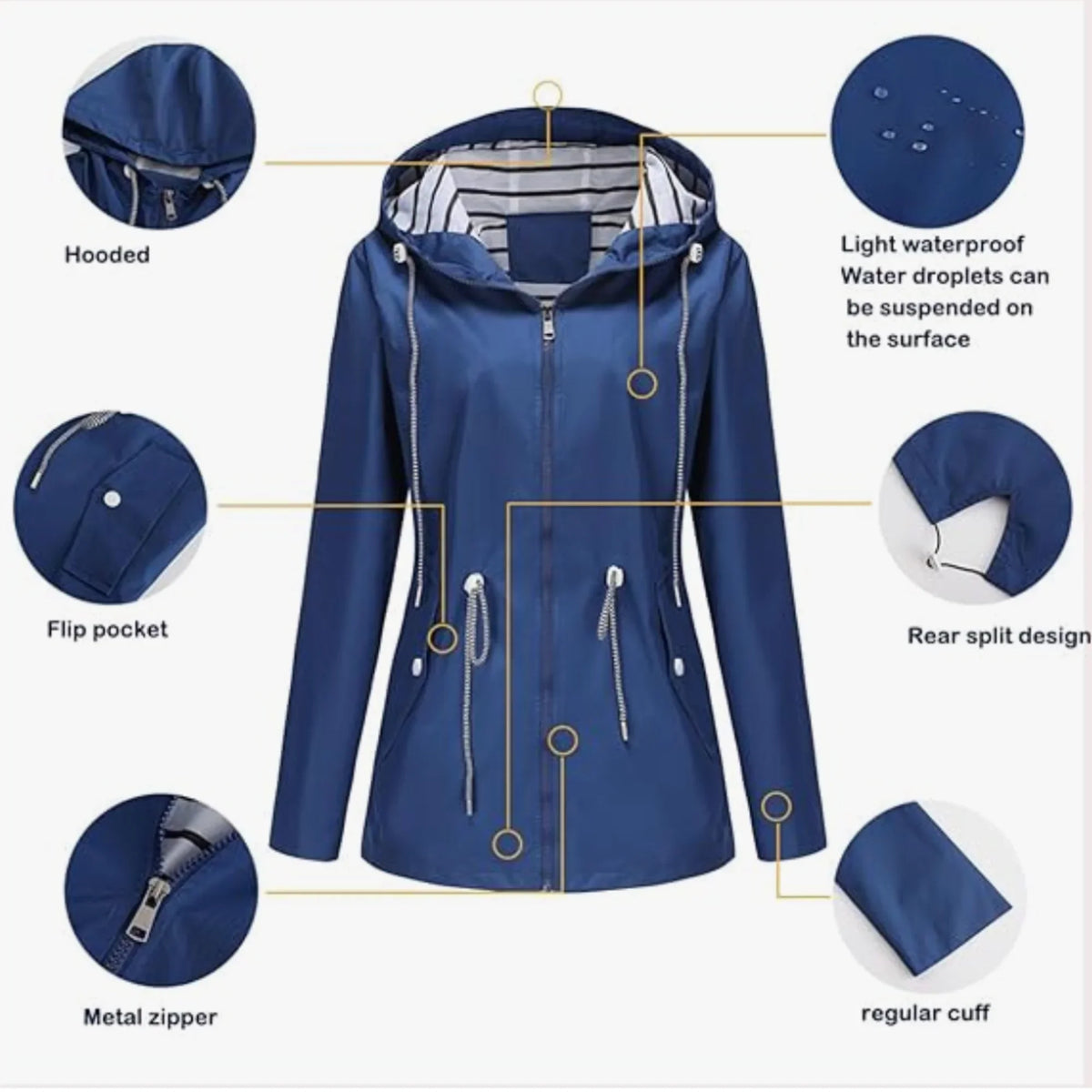 Women's waterproof hooded jacket with striped lining and drawstring waist
