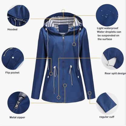 Women's waterproof hooded jacket with striped lining and drawstring waist