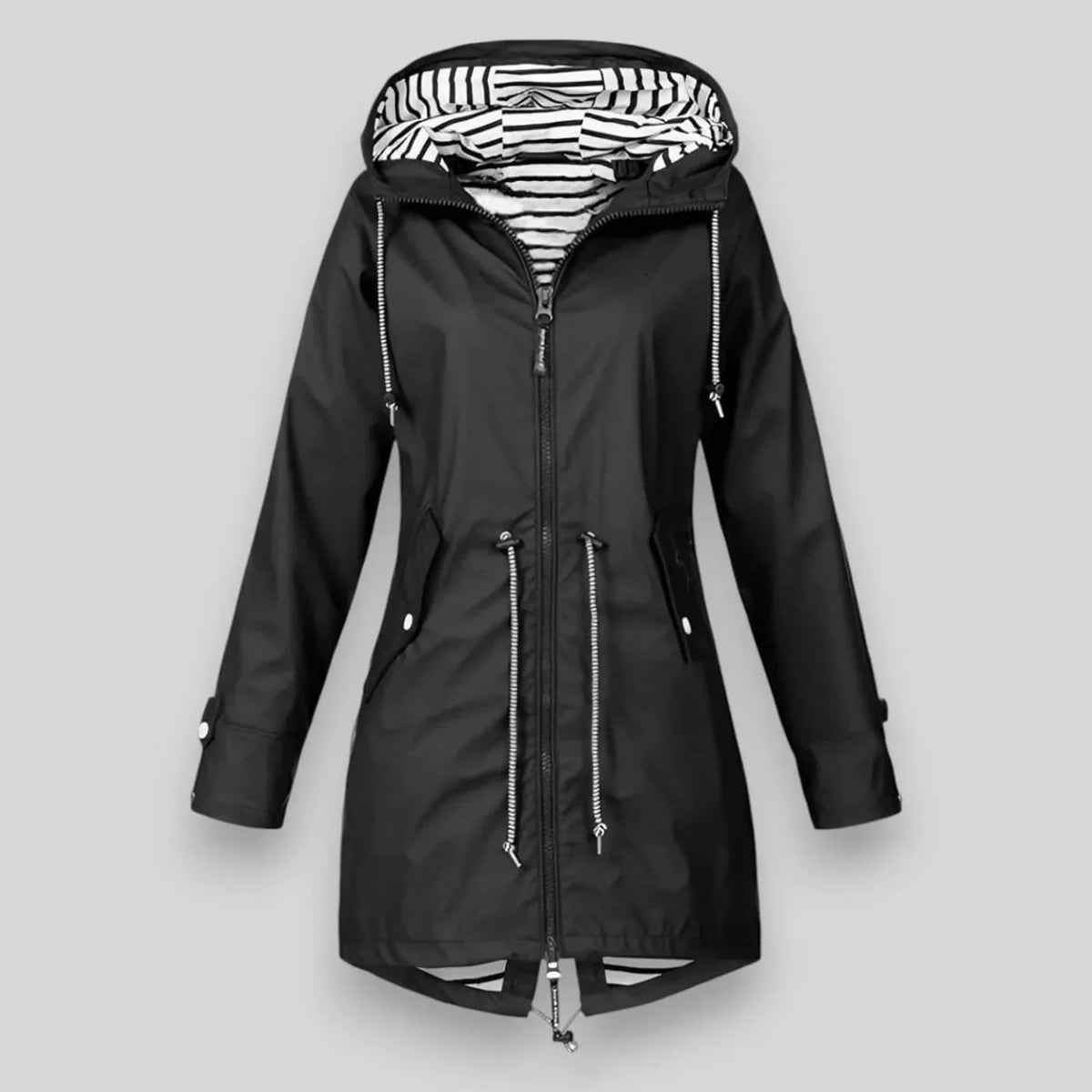 Women's waterproof hooded jacket with striped lining and drawstring waist – Black