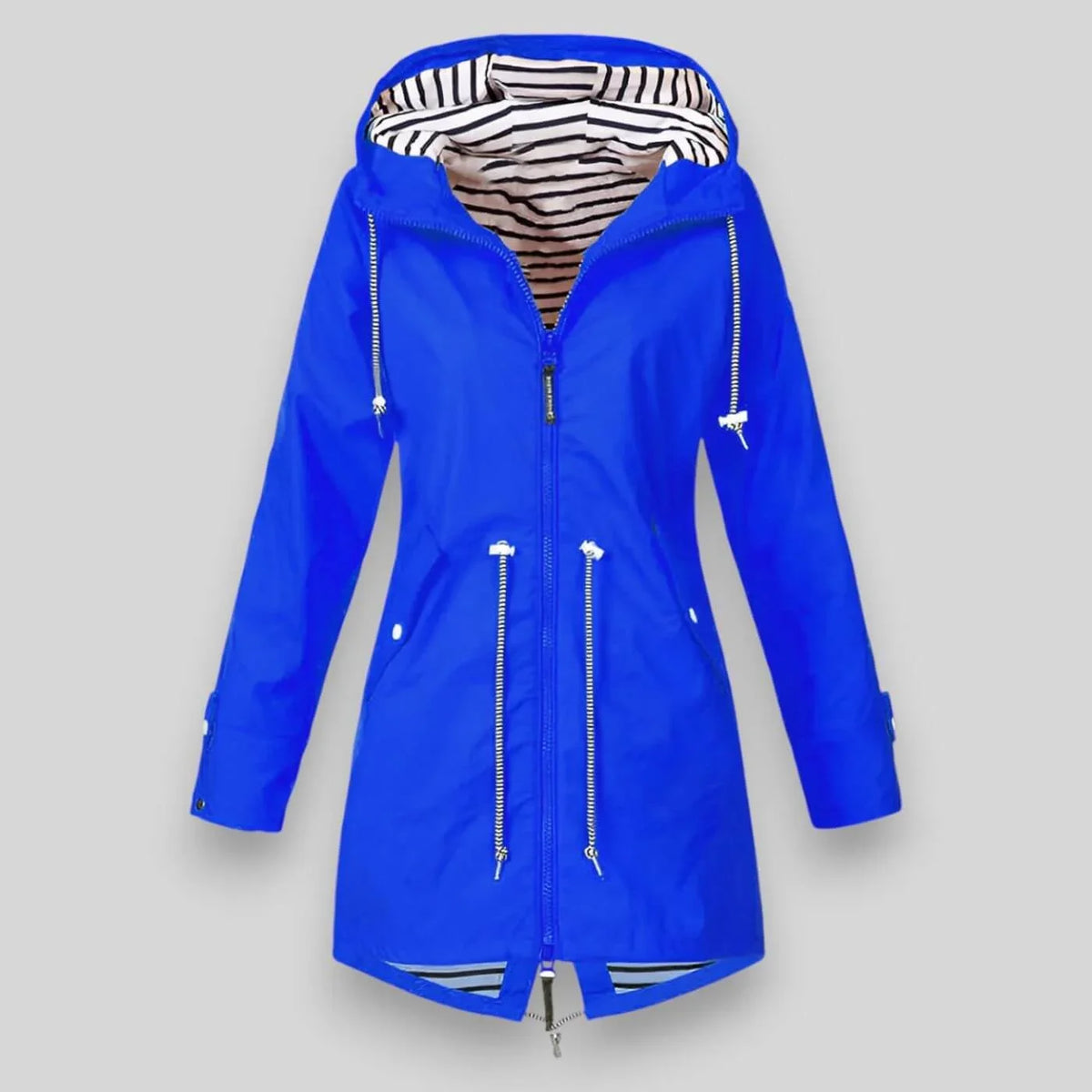 Women's waterproof hooded jacket with striped lining and drawstring waist – Bright blue