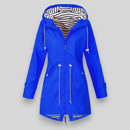 Women's waterproof hooded jacket with striped lining and drawstring waist – Bright blue