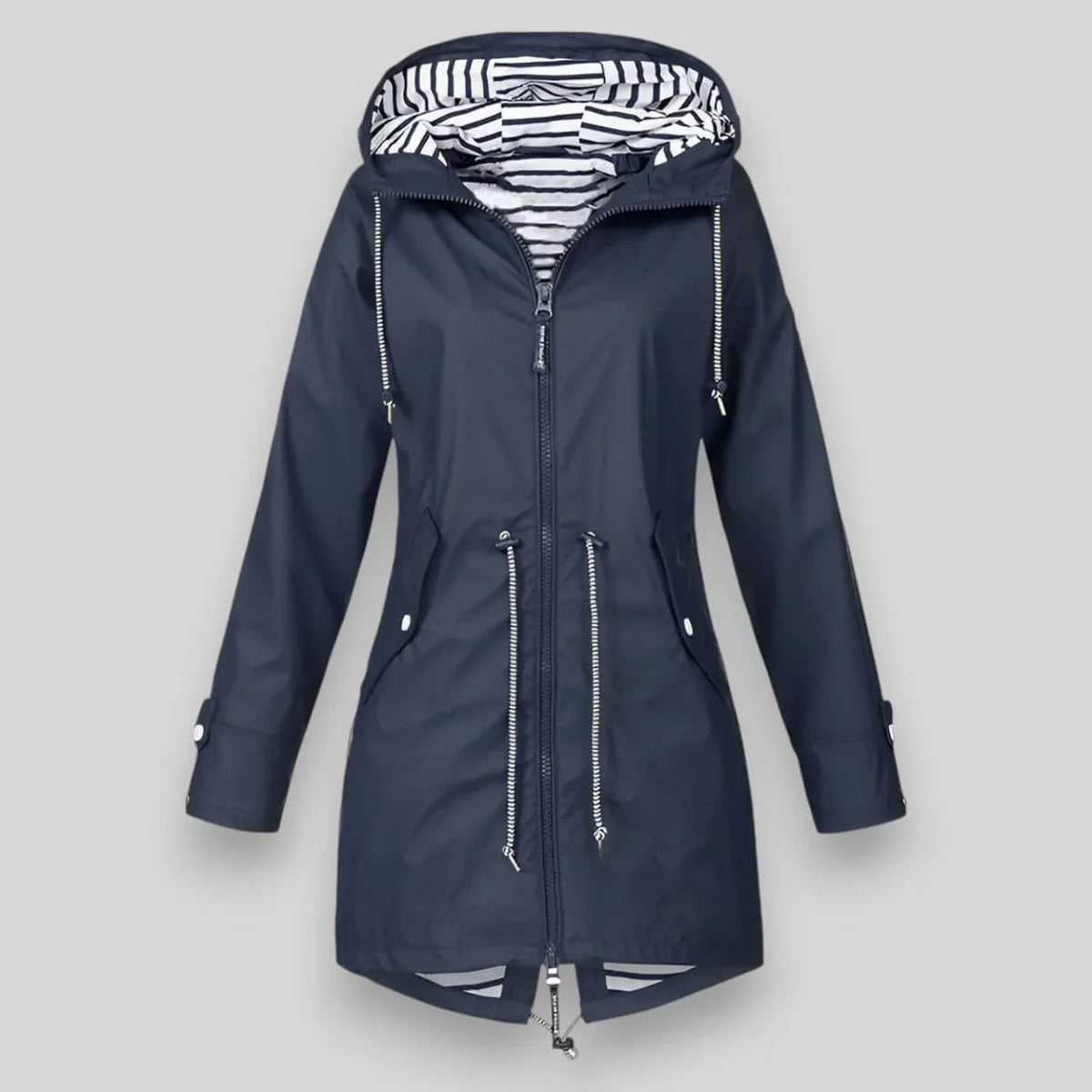 Women's waterproof hooded jacket with striped lining and drawstring waist – Navy blue