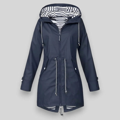 Women's waterproof hooded jacket with striped lining and drawstring waist – Navy blue