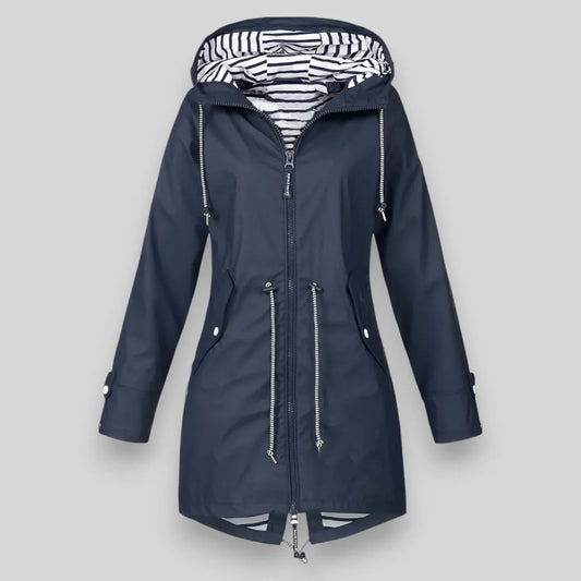 Women's waterproof hooded jacket with striped lining and drawstring waist – Navy blue