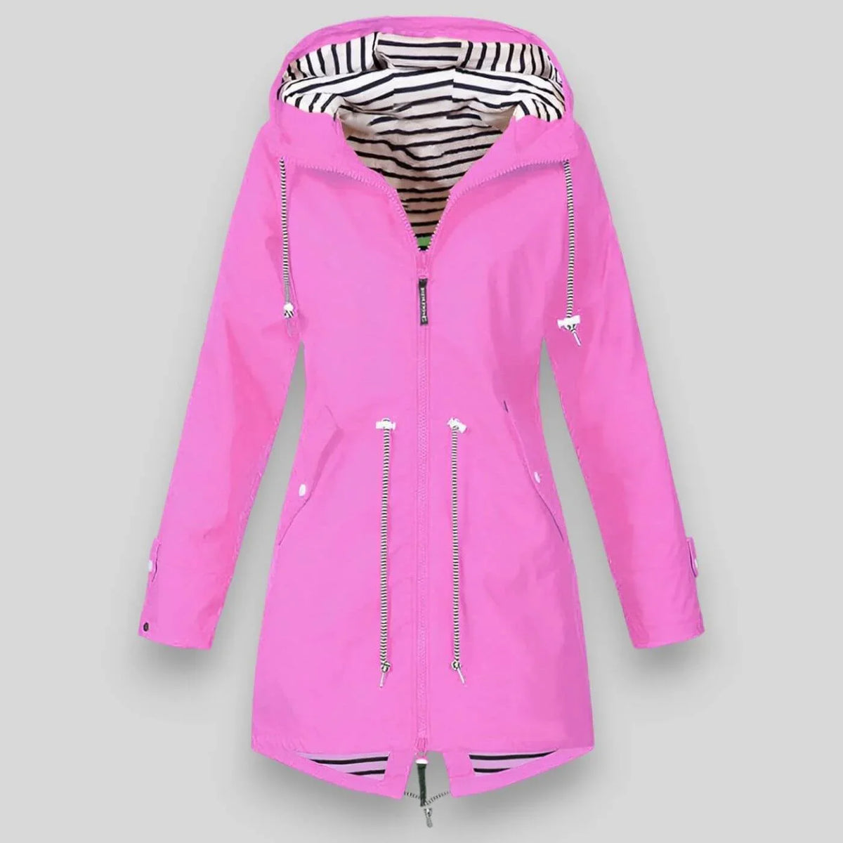Women's waterproof hooded jacket with striped lining and drawstring waist – Pink