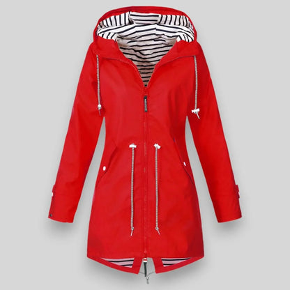 Women's waterproof hooded jacket with striped lining and drawstring waist – Red