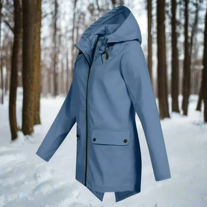 Women's waterproof hooded rain jacket zip-up longline