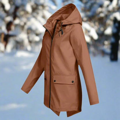 Women's waterproof hooded rain jacket zip-up longline