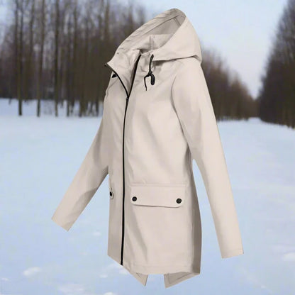 Women's waterproof hooded rain jacket zip-up longline