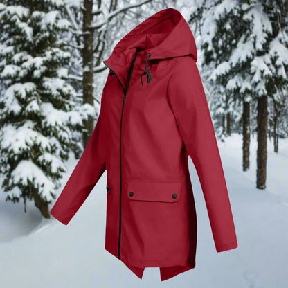 Women's waterproof hooded rain jacket zip-up longline
