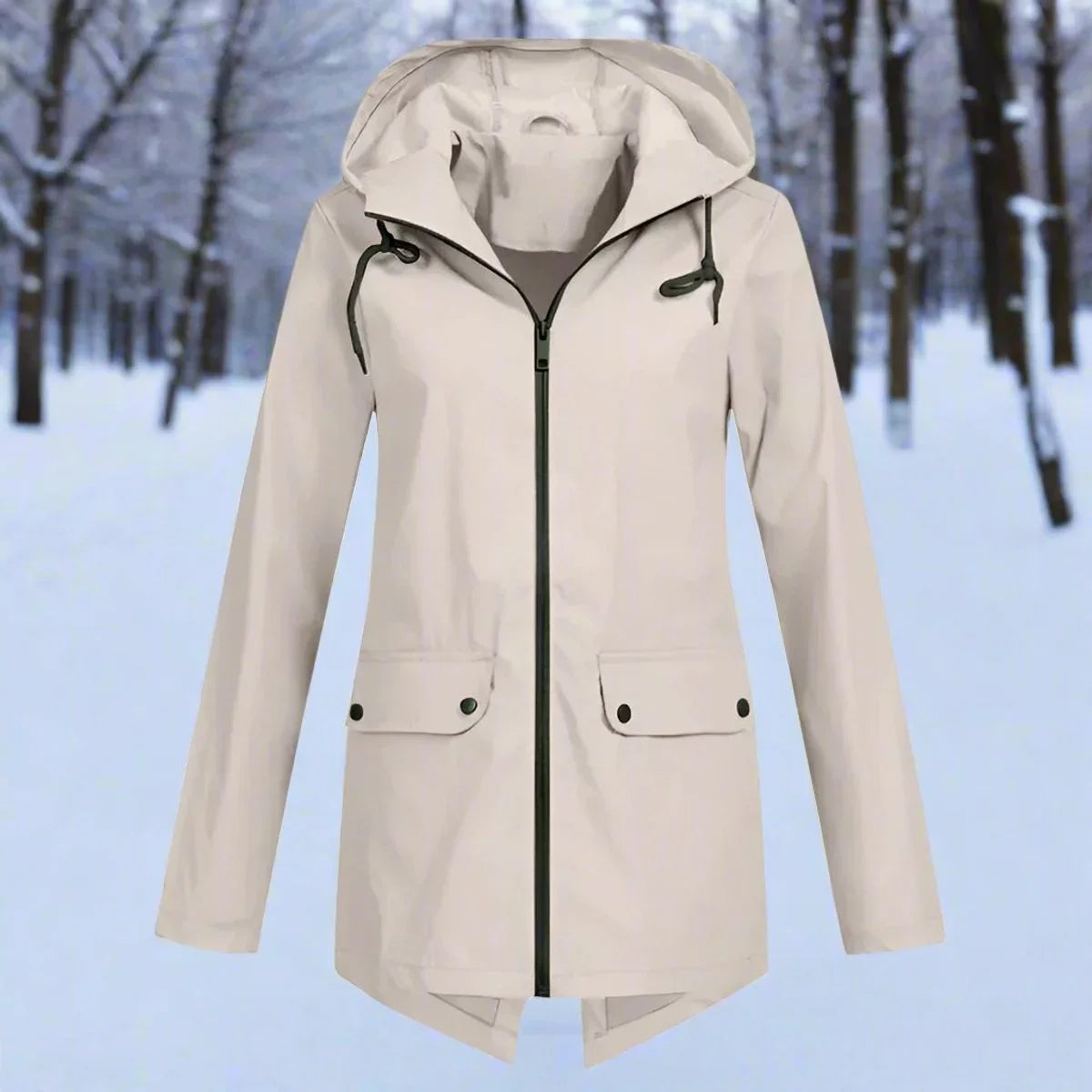 Women's waterproof hooded rain jacket zip-up longline – Apricot