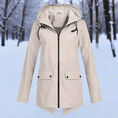 Women's waterproof hooded rain jacket zip-up longline – Apricot