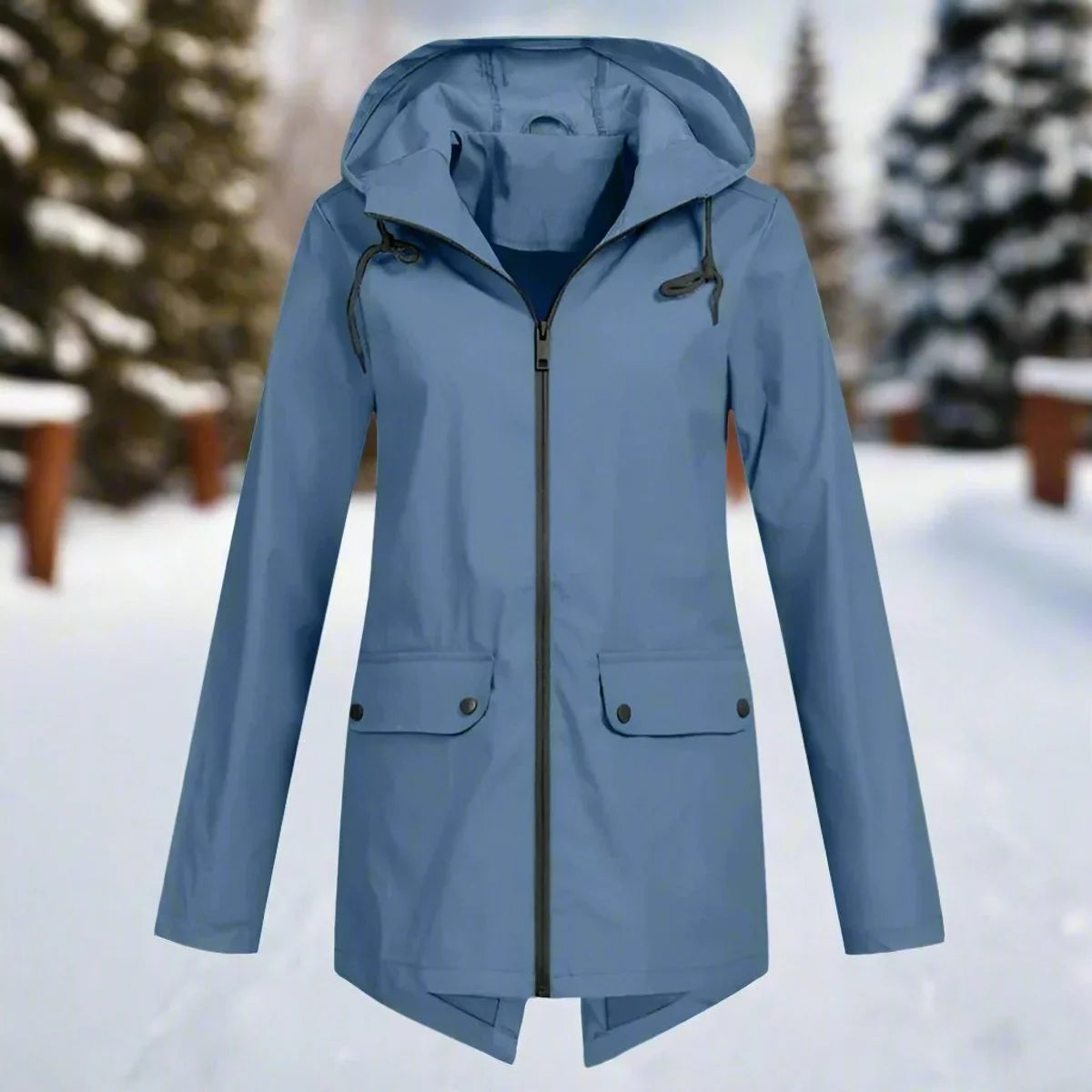 Women's waterproof hooded rain jacket zip-up longline – Blue