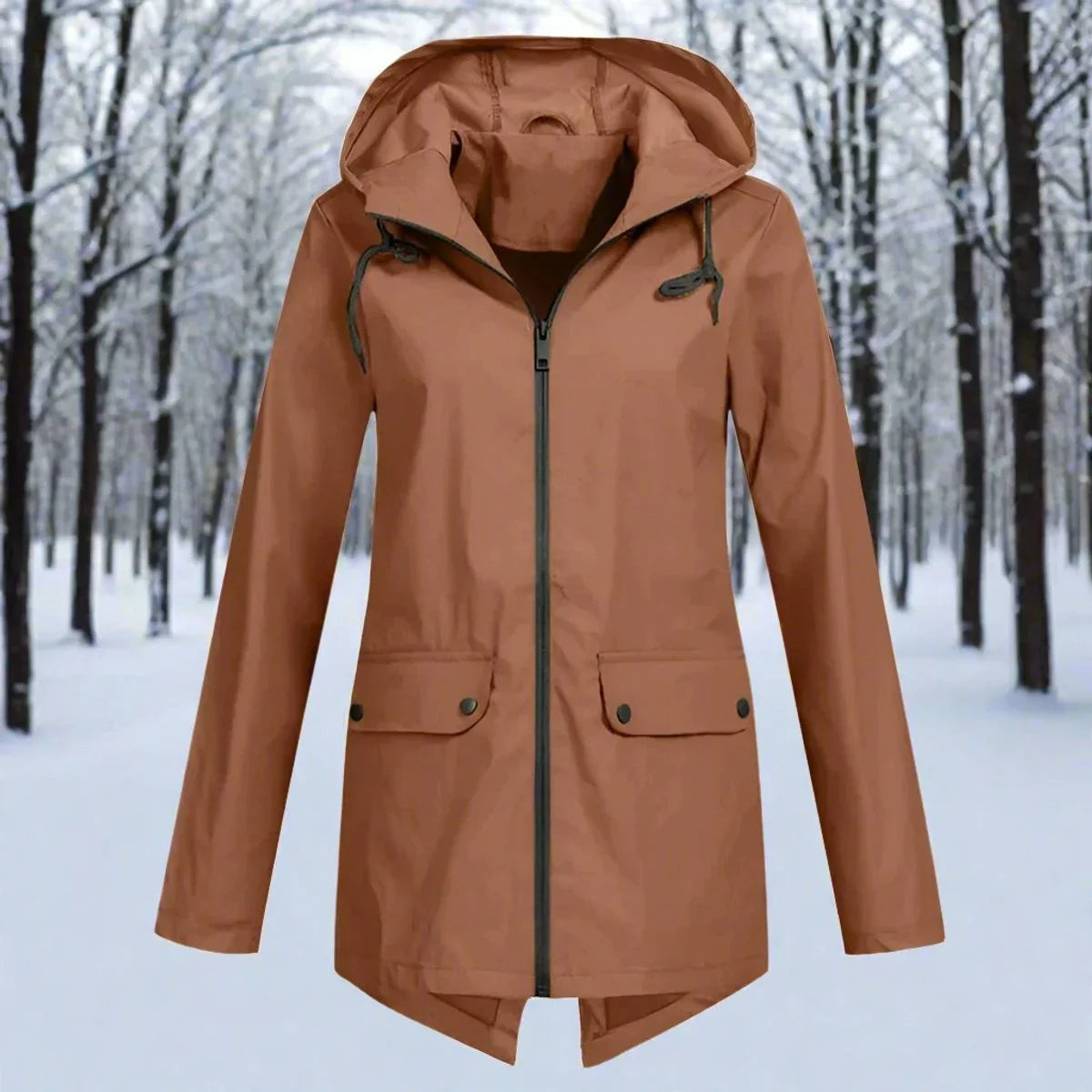 Women's waterproof hooded rain jacket zip-up longline – Coffee