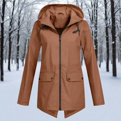 Women's waterproof hooded rain jacket zip-up longline – Coffee