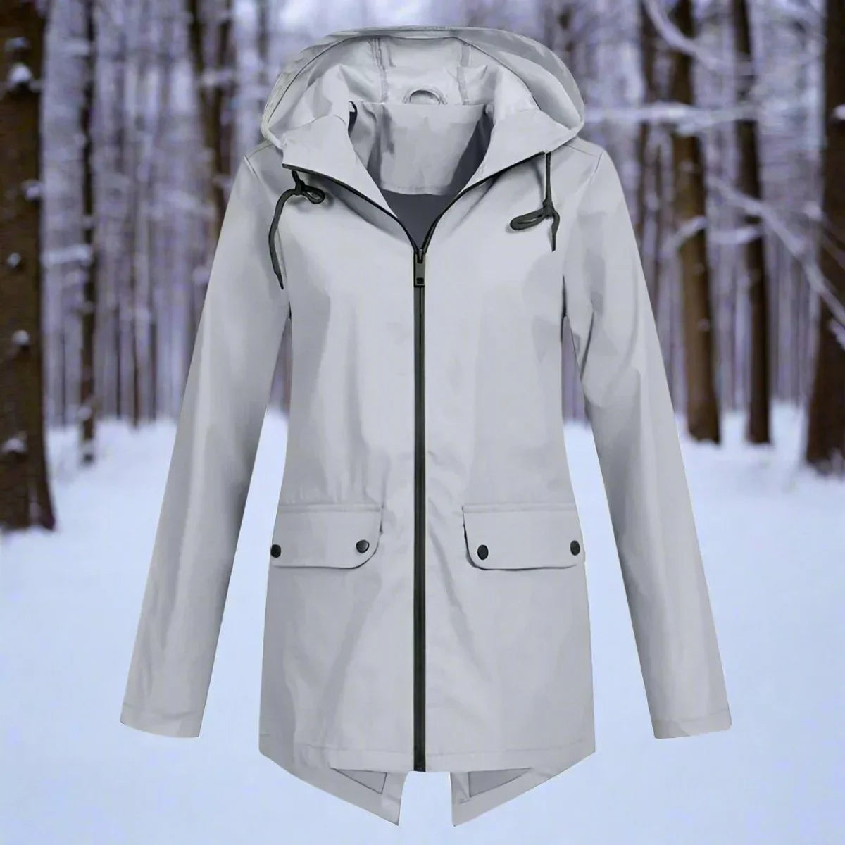 Women's waterproof hooded rain jacket zip-up longline – Gray
